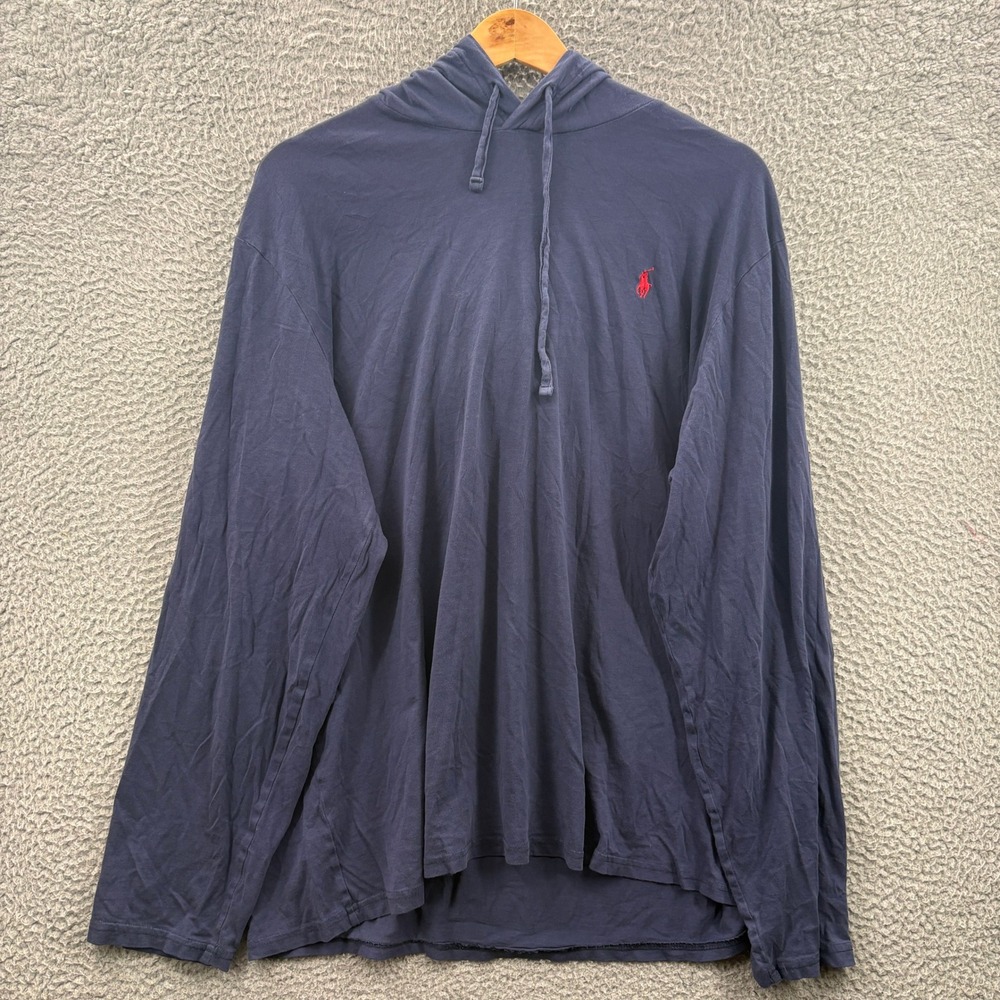 Polo Ralph Lauren Hooded T Shirt Mens XL Navy Blue Long Sleeve Red Pony Logo
